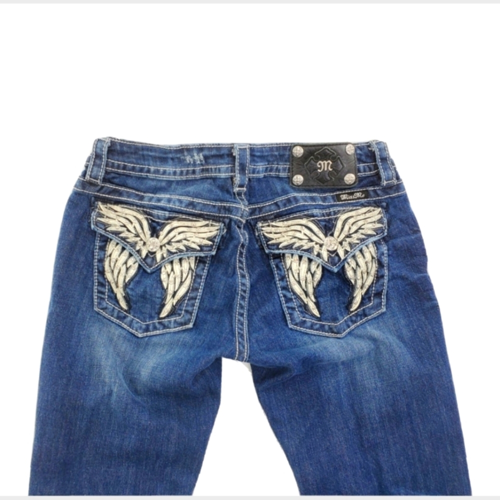Miss Me Blue Straight Leg Jeans with White Embroidery